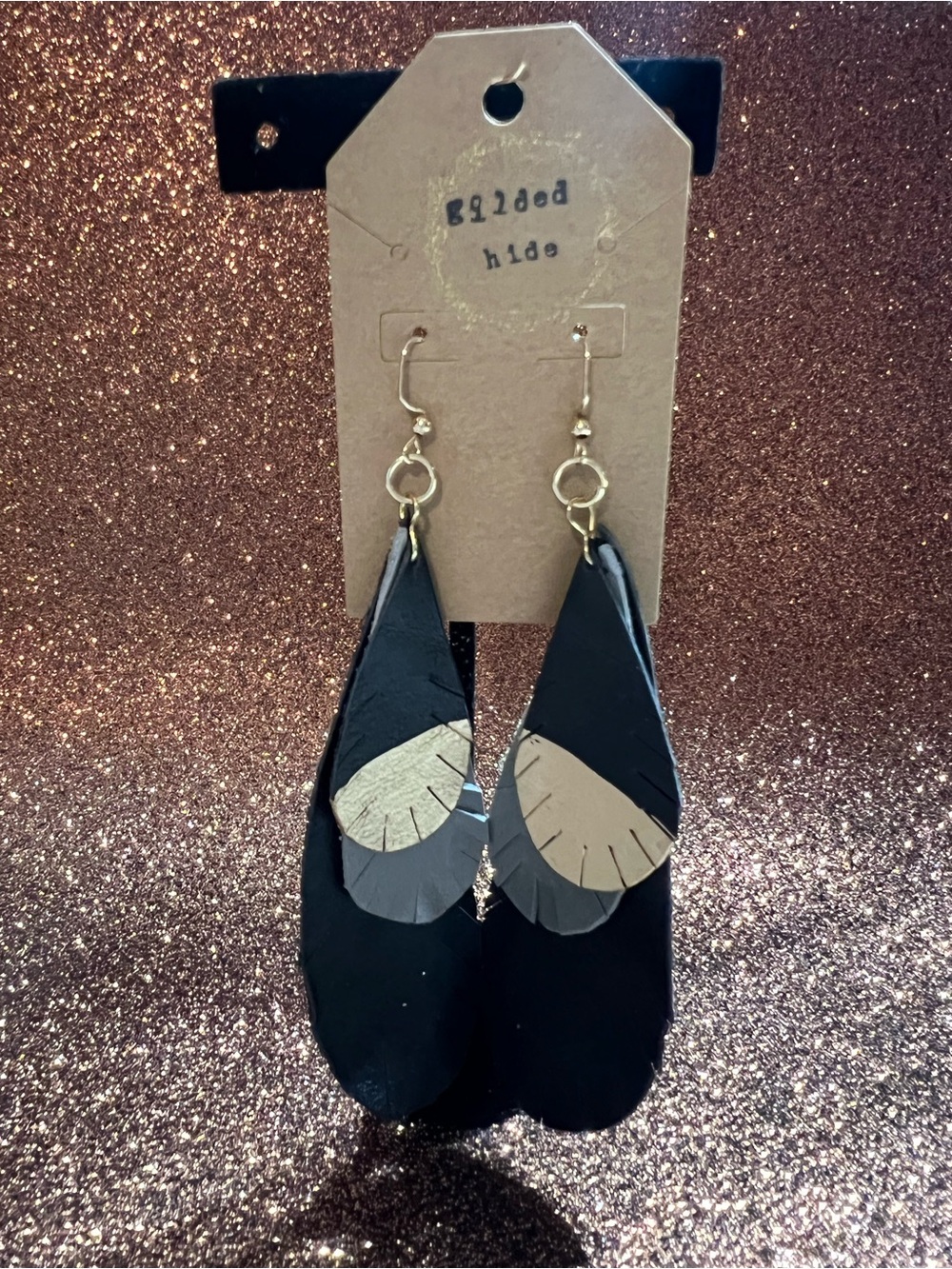 Black and Gold Layered Teardrop Leather and Suede Earrings - Women Jewelry
